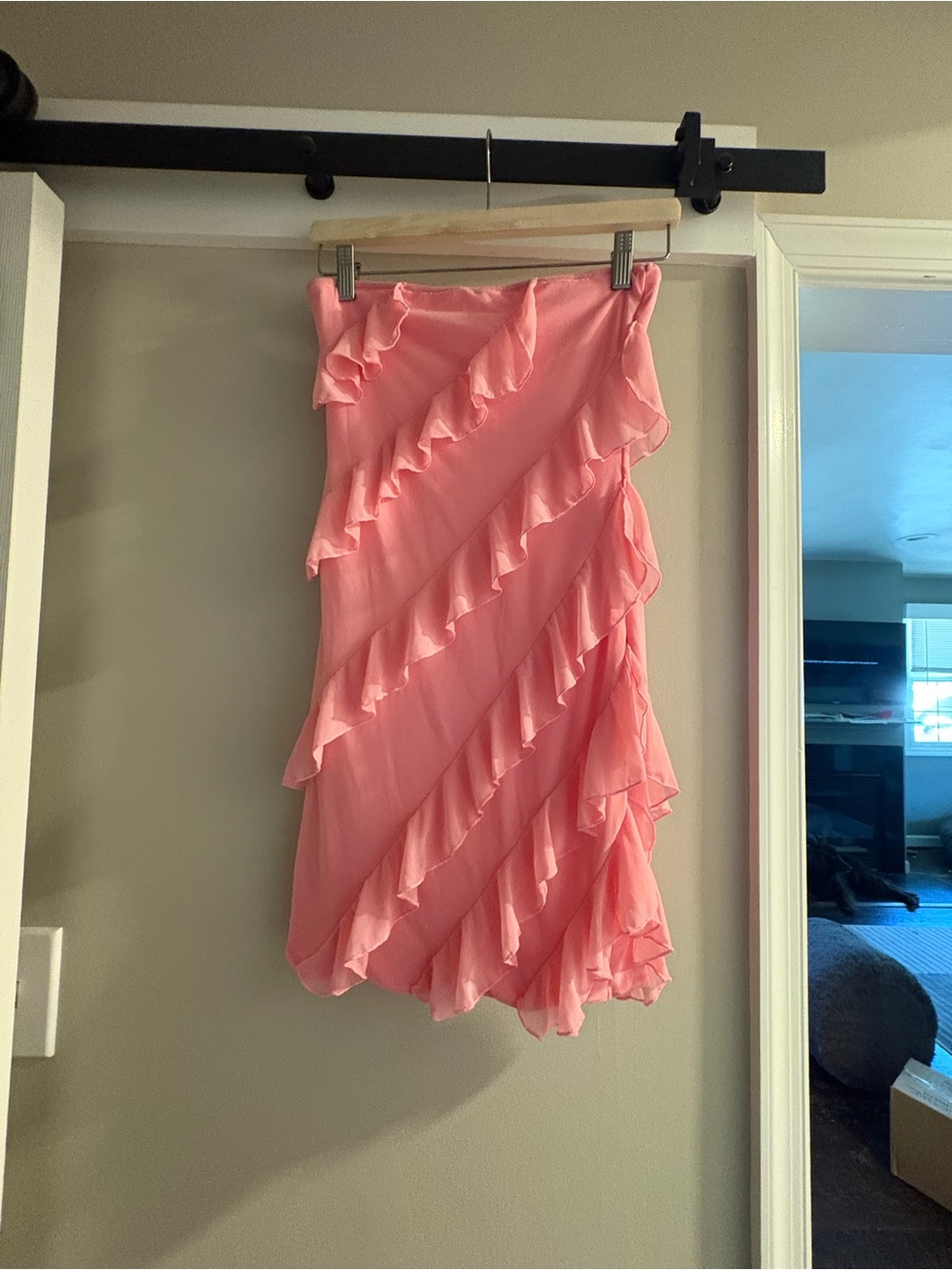 Amazon Pink Strapless Ruffle Midi Dress